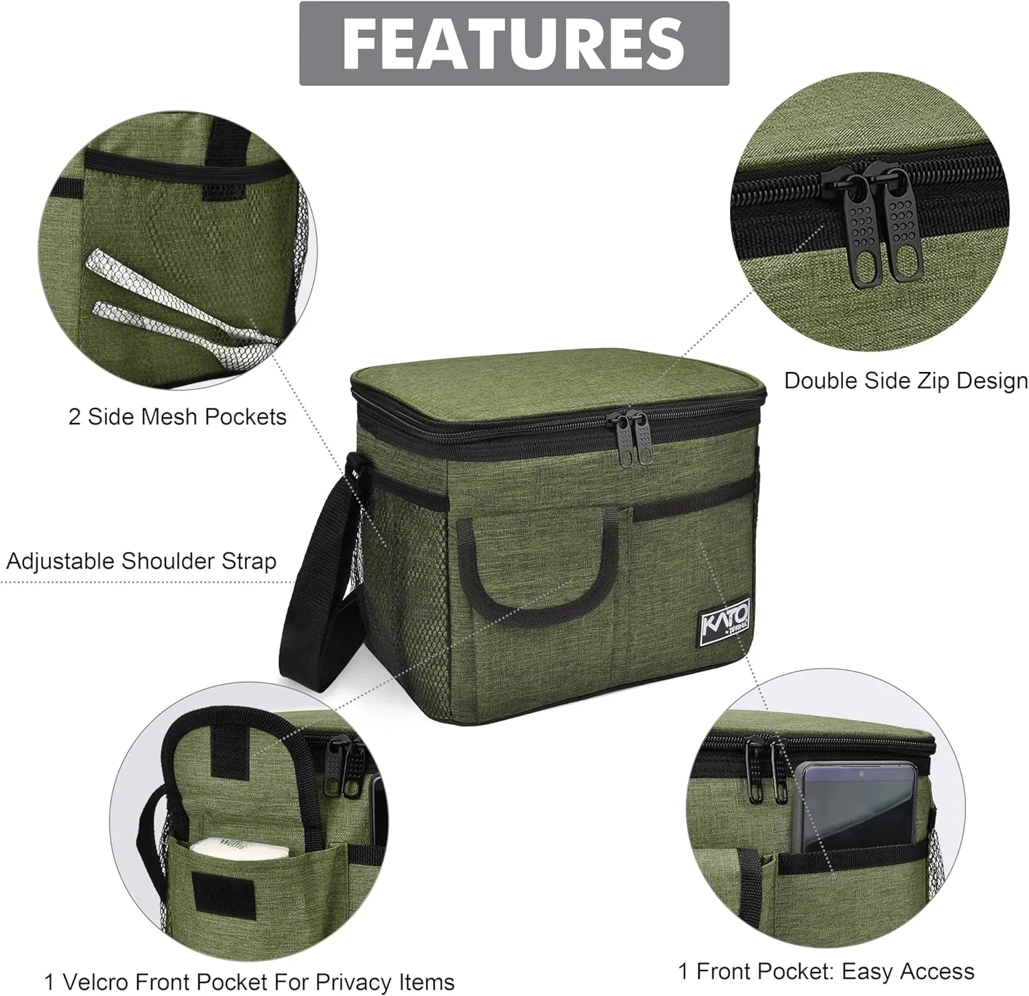 Tirrinia Insulated Lunch Box for Women Men, Leakproof Reusable Lunch Bag Containers for Adult,Working,Office,Lunch Soft Cooler Bag Tote for Picnic Hiking Beach,Green