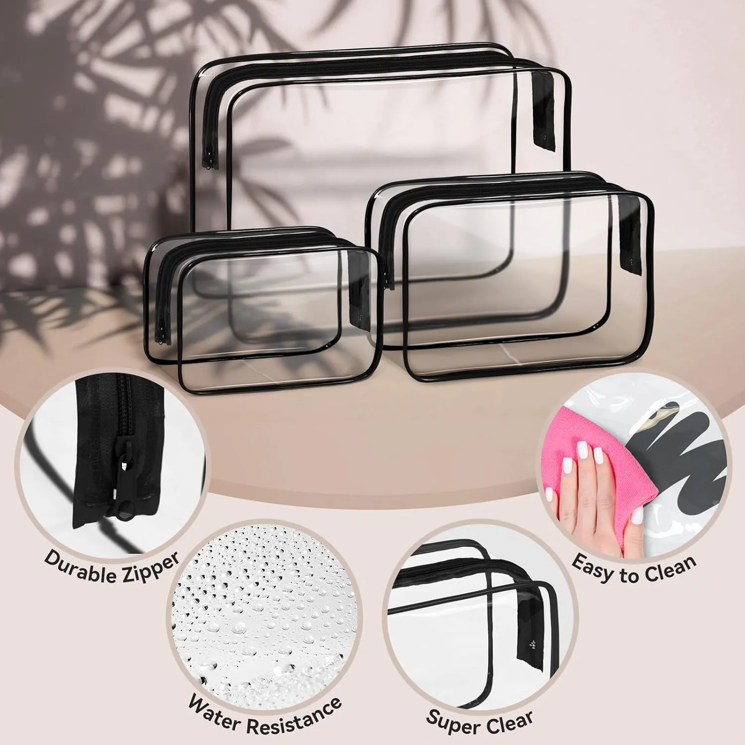TISRATOK 16 PCS Clear Makeup Bag, Travel Essentials Toiletry Bag, Transparent PVC Cosmetic Organizer Toy Storage Pouch for Women Men - Black,Medium