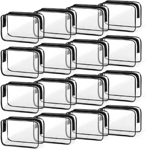 TISRATOK 16 PCS Clear Makeup Bag, Travel Essentials Toiletry Bag, Transparent PVC Cosmetic Organizer Toy Storage Pouch for Women Men- Black,Medium