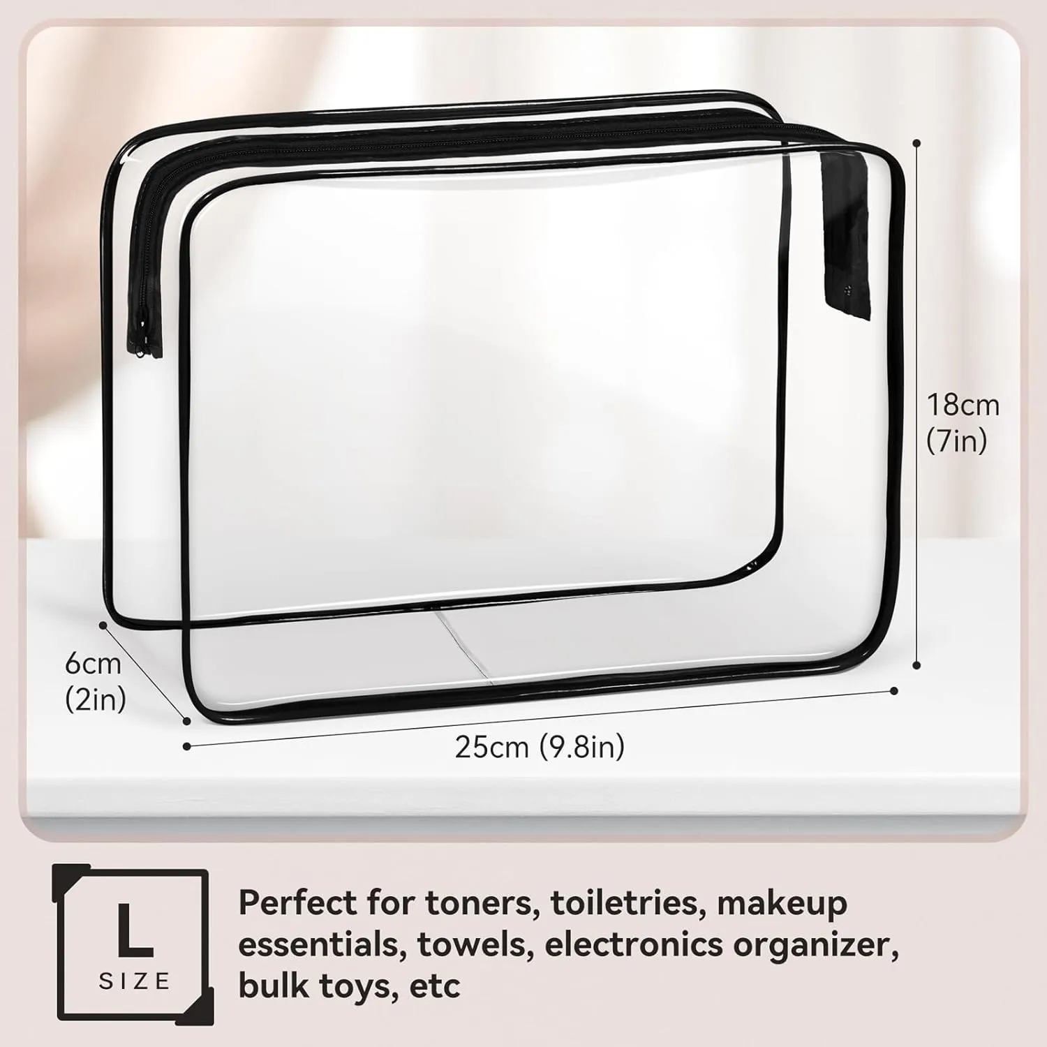 TISRATOK 16 PCS Clear Makeup Bag, Travel Essentials Toiletry Bag, Transparent PVC Cosmetic Organizer Toy Storage Pouch for Women Men - Black,Medium
