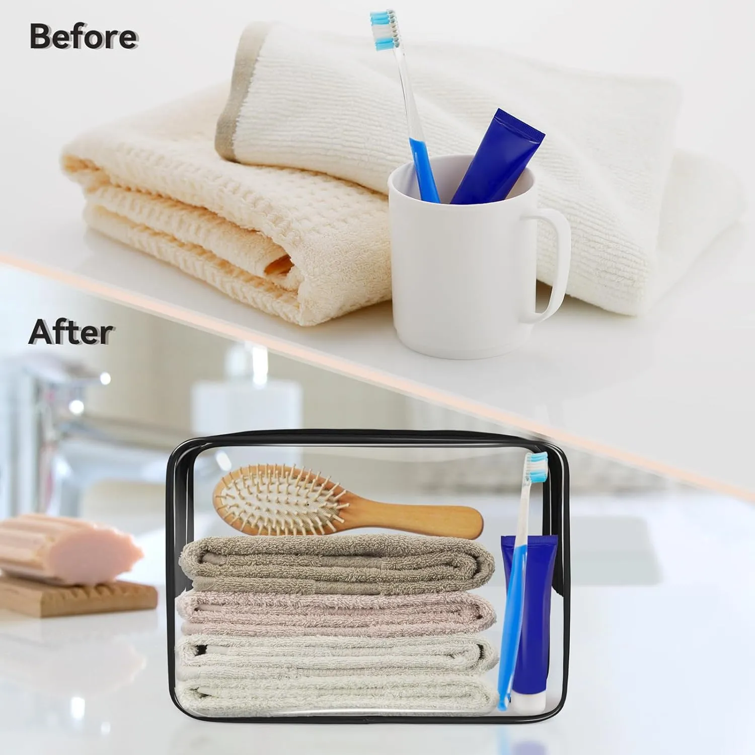 TISRATOK 16 PCS Clear Makeup Bag, Travel Essentials Toiletry Bag, Transparent PVC Cosmetic Organizer Toy Storage Pouch for Women Men - Black,Medium