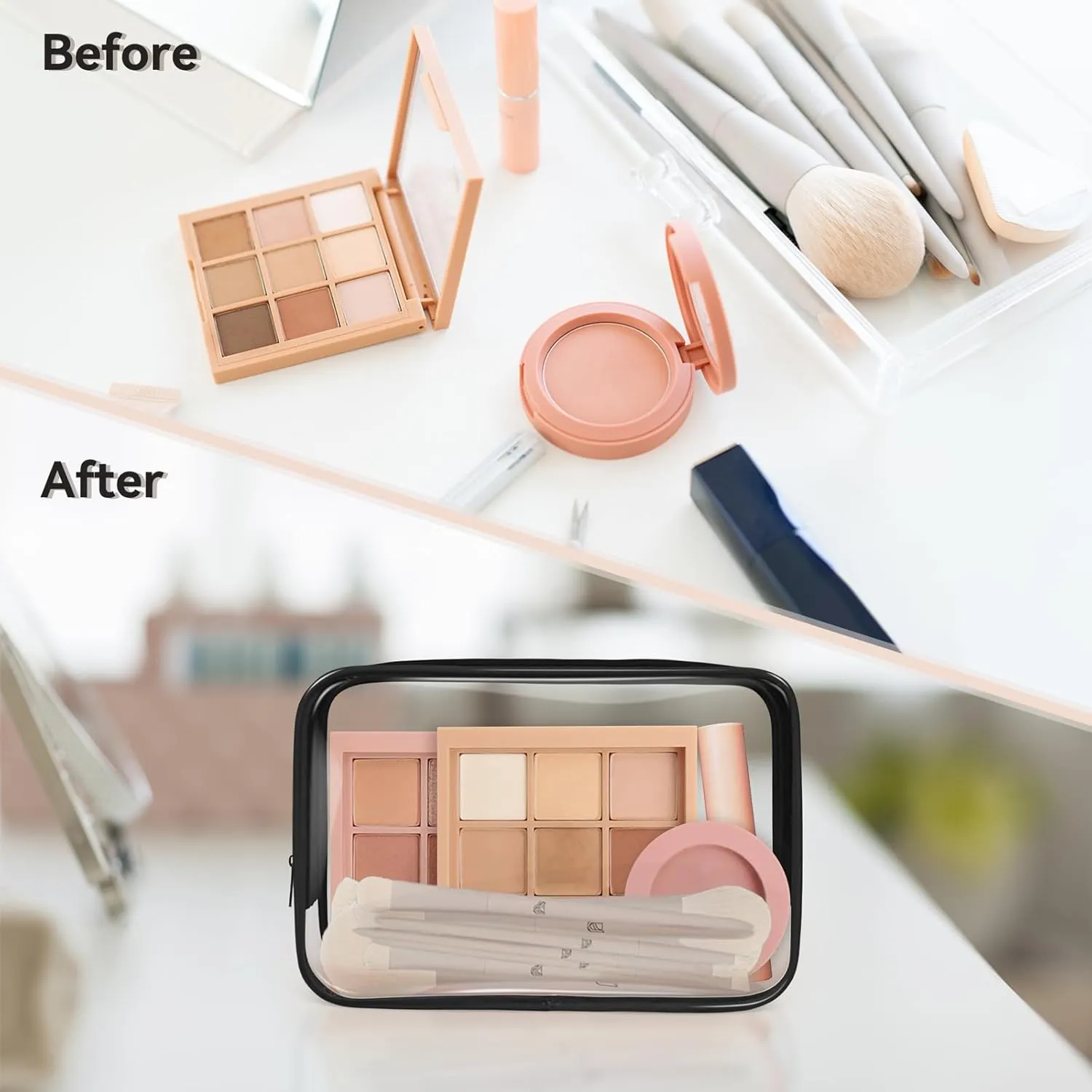 TISRATOK 16 PCS Clear Makeup Bag, Travel Essentials Toiletry Bag, Transparent PVC Cosmetic Organizer Toy Storage Pouch for Women Men- Black,Medium