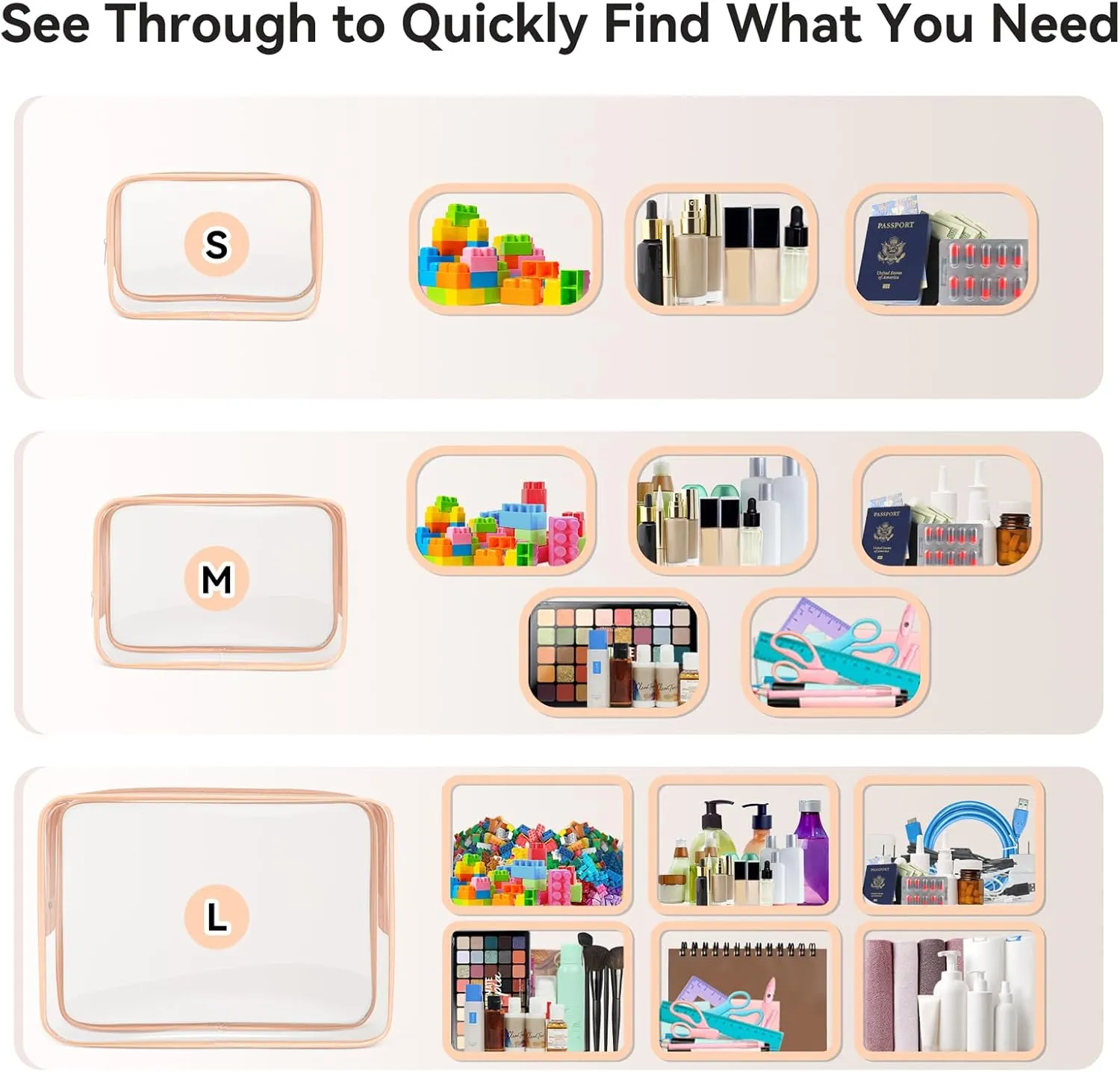 TISRATOK 16 PCS Clear Makeup Bag, Travel Essentials Toiletry Bag, Transparent PVC Cosmetic Organizer Toy Storage Pouch for Women Men - Orange-pink,Medium