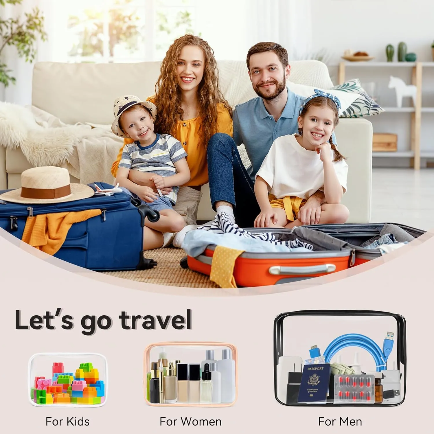TISRATOK 16 PCS Clear Makeup Bag, Travel Essentials Toiletry Bag, Transparent PVC Cosmetic Organizer Toy Storage Pouch for Women Men - Orange-pink,Medium