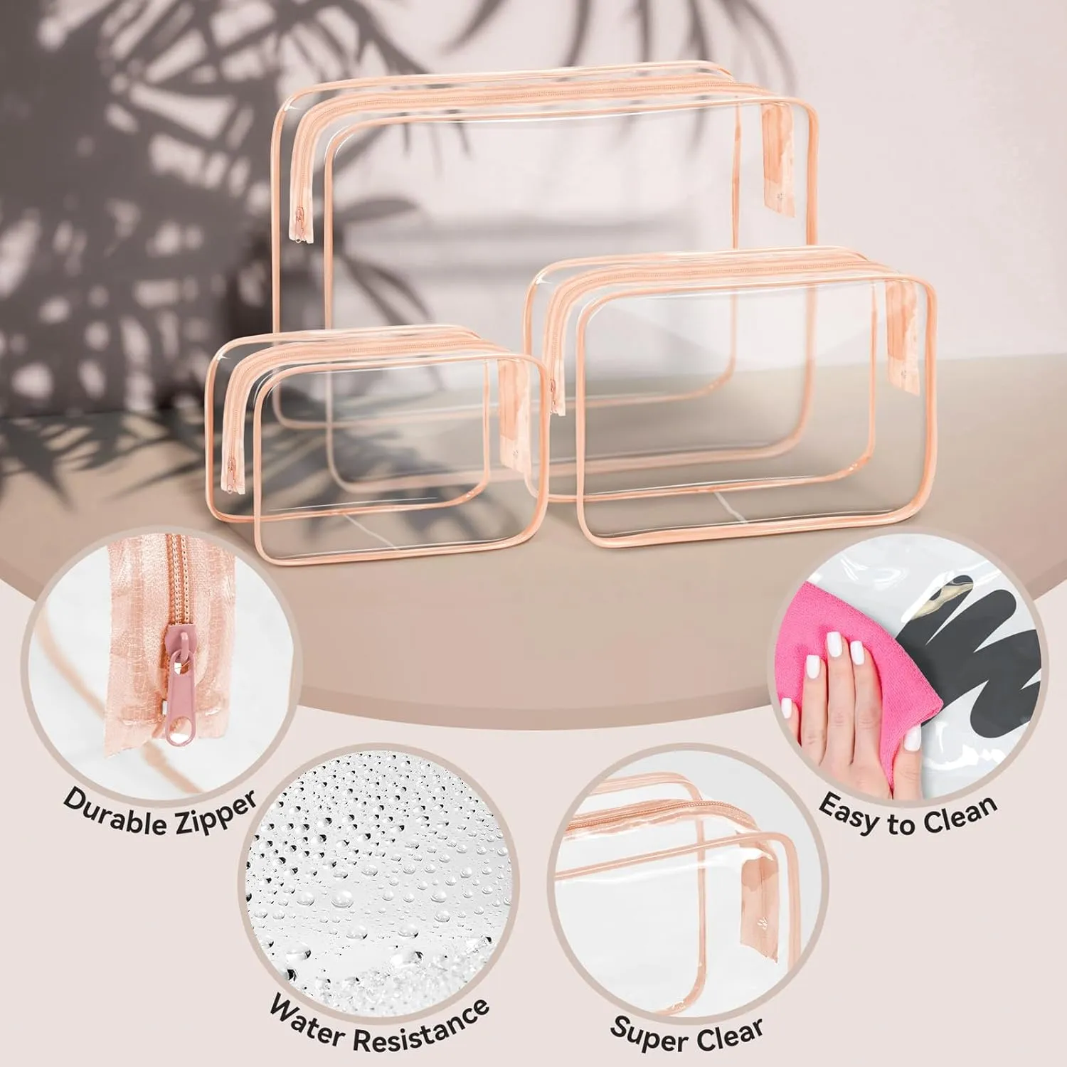 TISRATOK 16 PCS Clear Makeup Bag, Travel Essentials Toiletry Bag, Transparent PVC Cosmetic Organizer Toy Storage Pouch for Women Men - Orange-pink,Medium