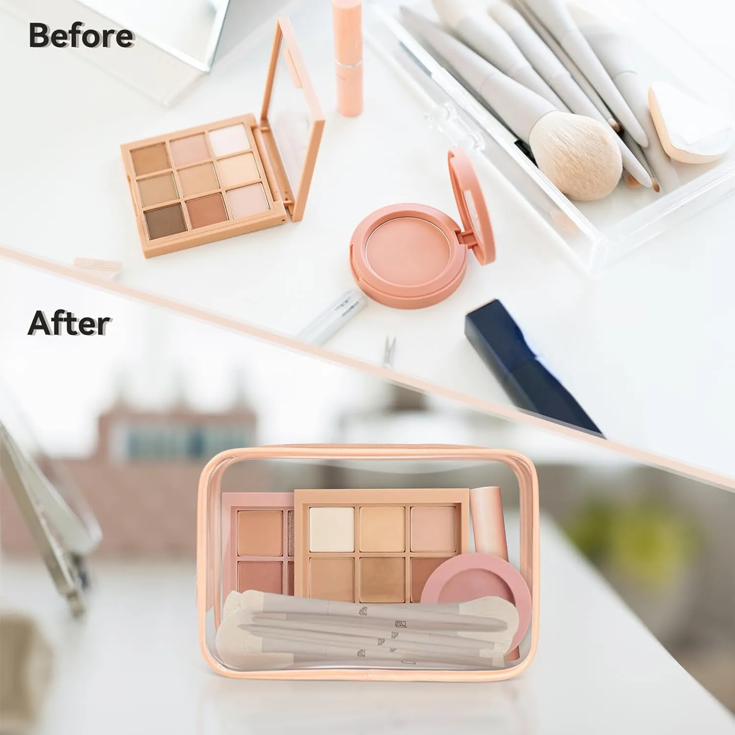 TISRATOK 16 PCS Clear Makeup Bag, Travel Essentials Toiletry Bag, Transparent PVC Cosmetic Organizer Toy Storage Pouch for Women Men - Orange-pink,Medium