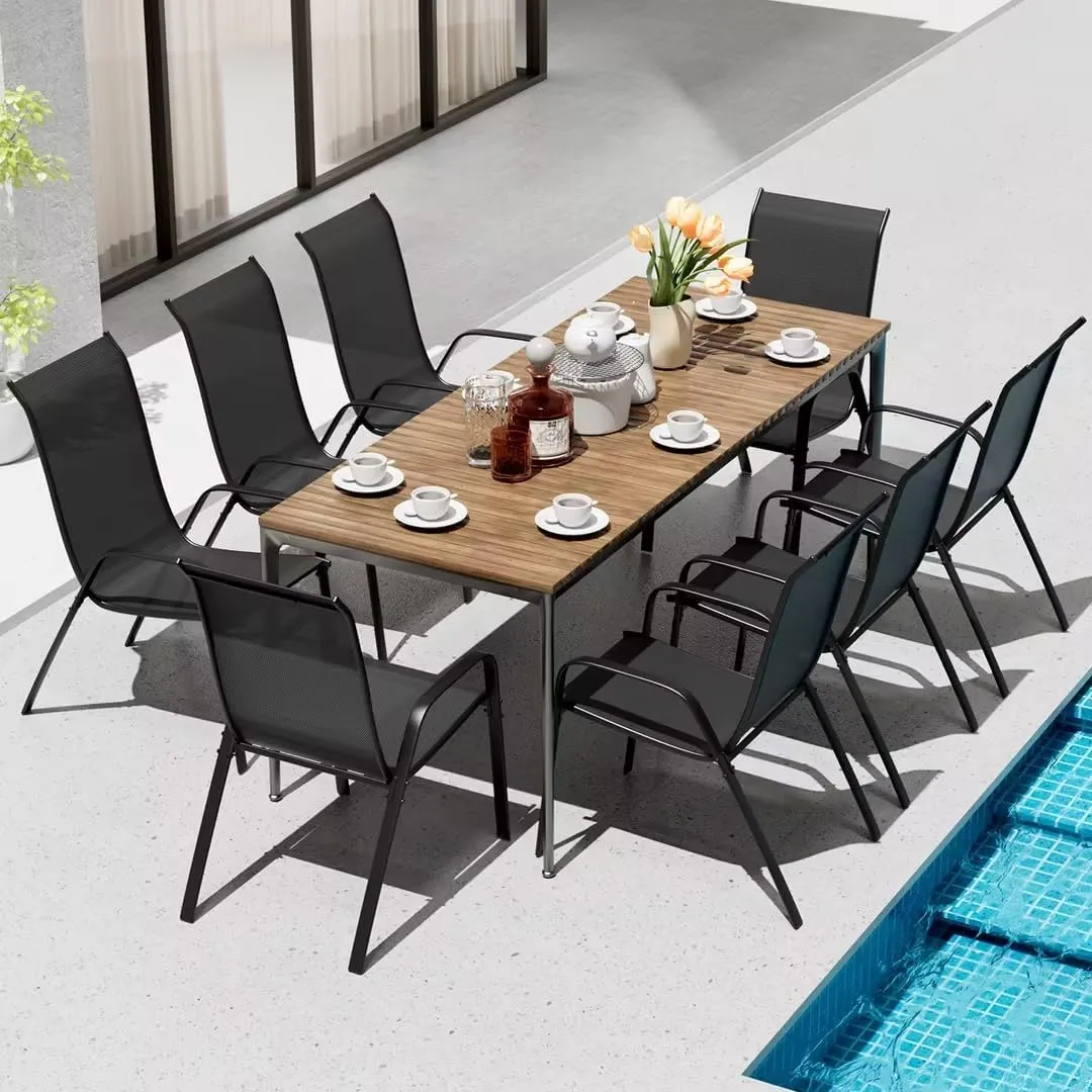 TLSUNNY Patio Chairs, Stackable Textilene Outdoor Dining Furniture for All Weather, with 17.7″ Wide Seat & Metal Frame, for Garden, Backyard, Deck, Restaurant, Poolside (Black, Set of 8)