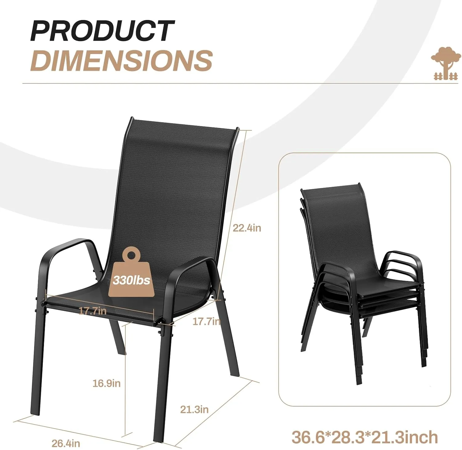 TLSUNNY Patio Chairs, Stackable Textilene Outdoor Dining Furniture for All Weather, with 17.7″ Wide Seat & Metal Frame, for Garden, Backyard, Deck, Restaurant, Poolside (Black, Set of 8)