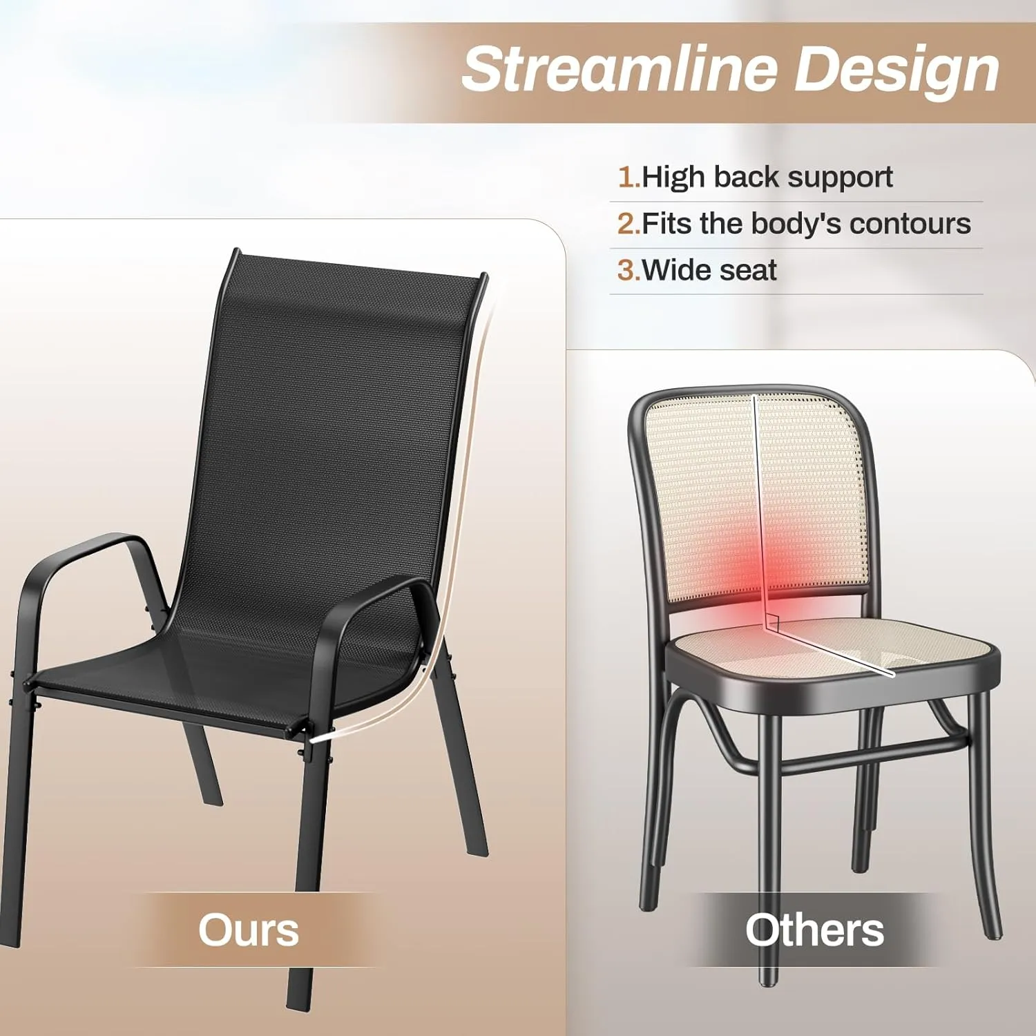 TLSUNNY Patio Chairs, Stackable Textilene Outdoor Dining Furniture for All Weather, with 17.7″ Wide Seat & Metal Frame, for Garden, Backyard, Deck, Restaurant, Poolside (Black, Set of 8)