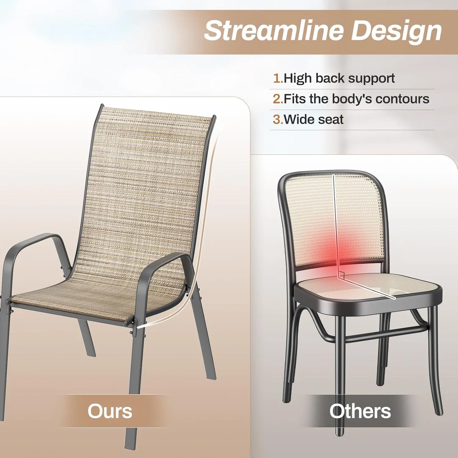 TLSUNNY Patio Chairs, Stackable Textilene Outdoor Dining Furniture for All Weather, with 17.7″ Wide Seat & Metal Frame, for Garden, Backyard, Deck, Restaurant, Poolside (Brown, Set of 8)