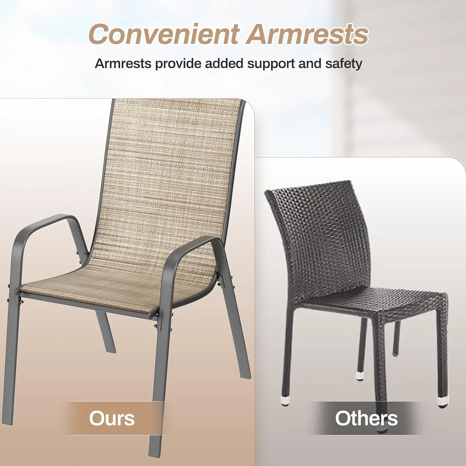 TLSUNNY Patio Chairs, Stackable Textilene Outdoor Dining Furniture for All Weather, with 17.7″ Wide Seat & Metal Frame, for Garden, Backyard, Deck, Restaurant, Poolside (Brown, Set of 8)