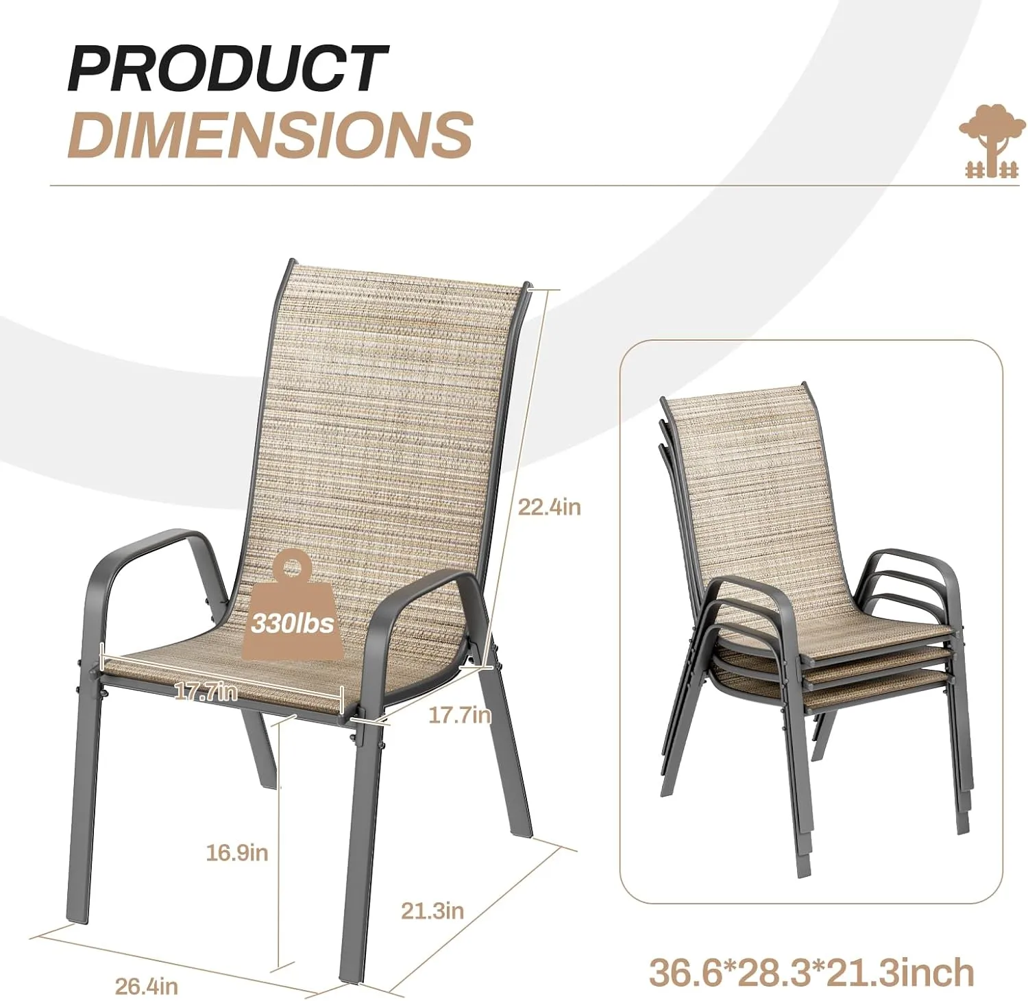 TLSUNNY Patio Chairs, Stackable Textilene Outdoor Dining Furniture for All Weather, with 17.7″ Wide Seat & Metal Frame, for Garden, Backyard, Deck, Restaurant, Poolside (Brown, Set of 8)