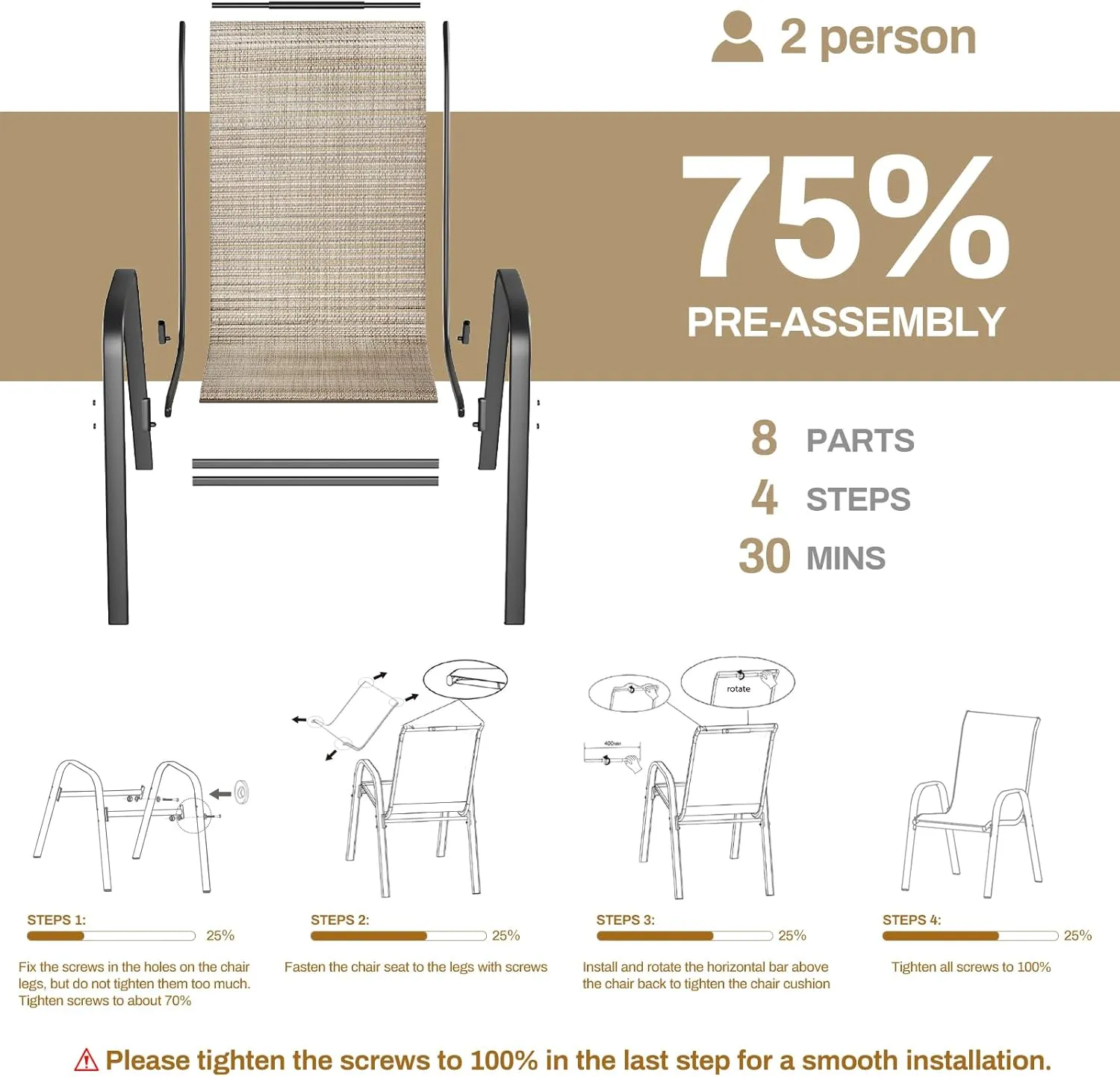 TLSUNNY Patio Chairs, Stackable Textilene Outdoor Dining Furniture for All Weather, with 17.7″ Wide Seat & Metal Frame, for Garden, Backyard, Deck, Restaurant, Poolside (Brown, Set of 8)