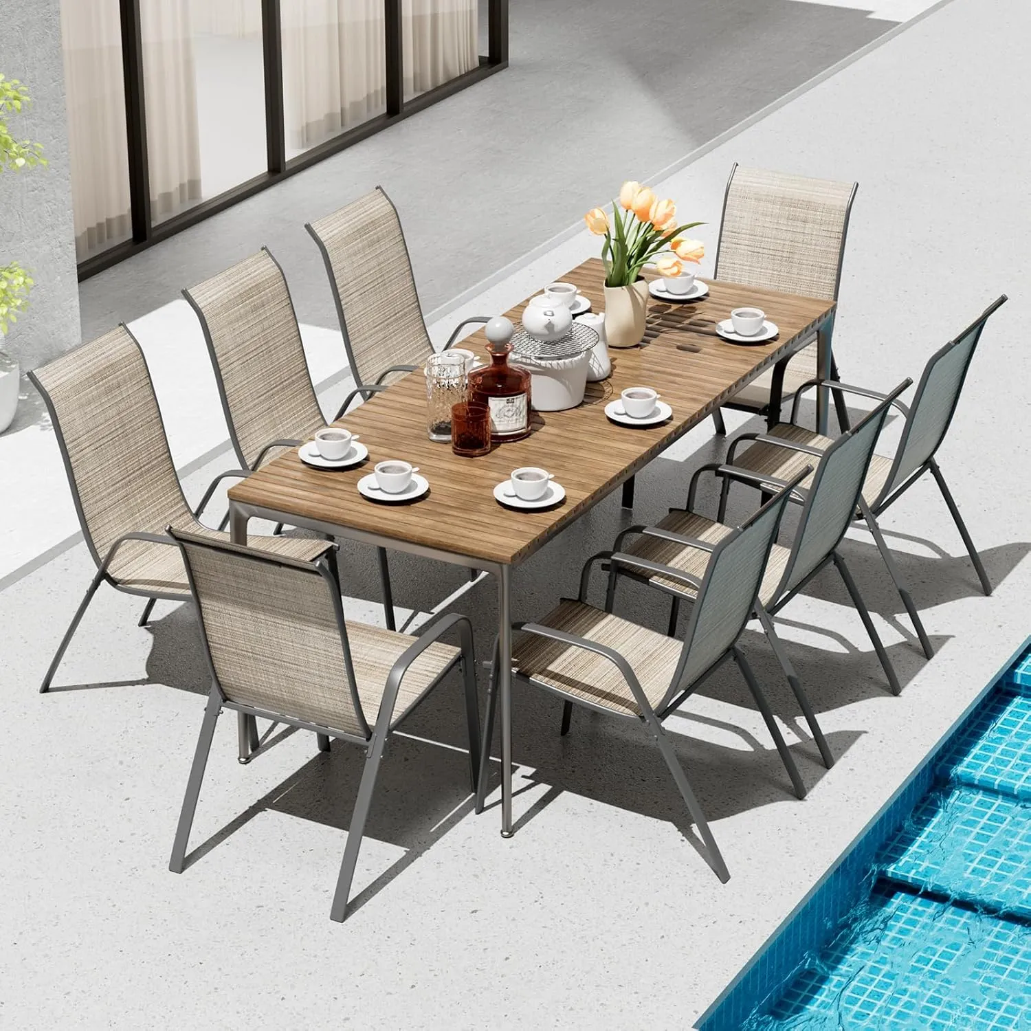 TLSUNNY Patio Chairs, Stackable Textilene Outdoor Dining Furniture for All Weather, with 17.7″ Wide Seat & Metal Frame, for Garden, Backyard, Deck, Restaurant, Poolside (Brown, Set of 8)