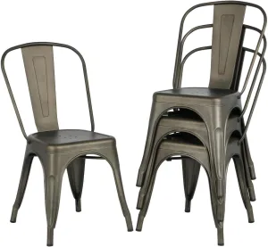 Topeakmart Classic Iron Metal Dinning Chairs Indoor-Outdoor Use Chic Dining Bistro Cafe Side Barstool Bar Chair Coffee Chair Gun Metal Set of 4