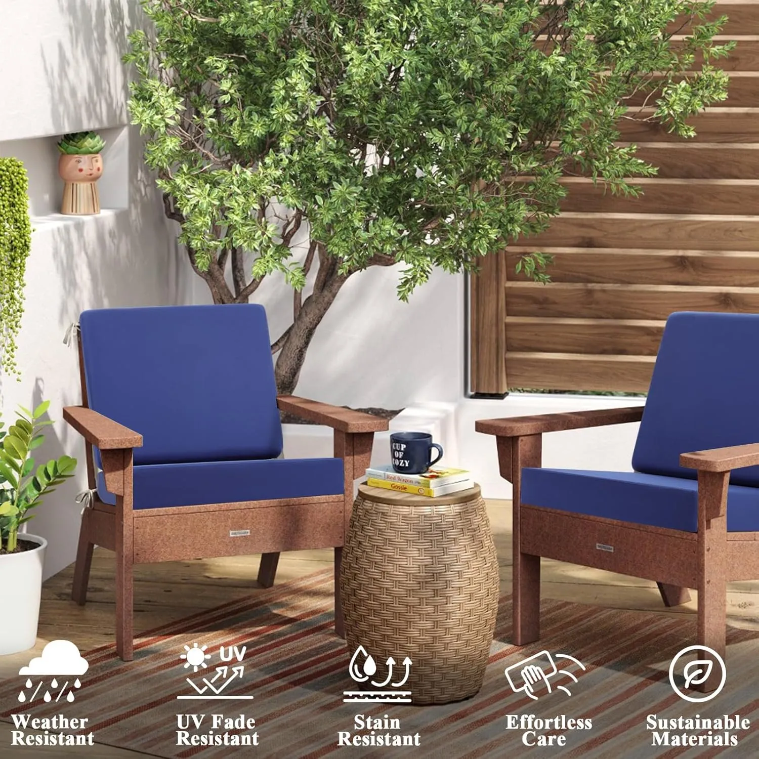 Topotdor Outdoor Deep Seat Cushion Set,Waterproof Outdoor Chair Cushions and Back Cushion for Patio Furniture with Fade Resistant Removable Cover with Adjustable Straps,22"x22"x4" Blue