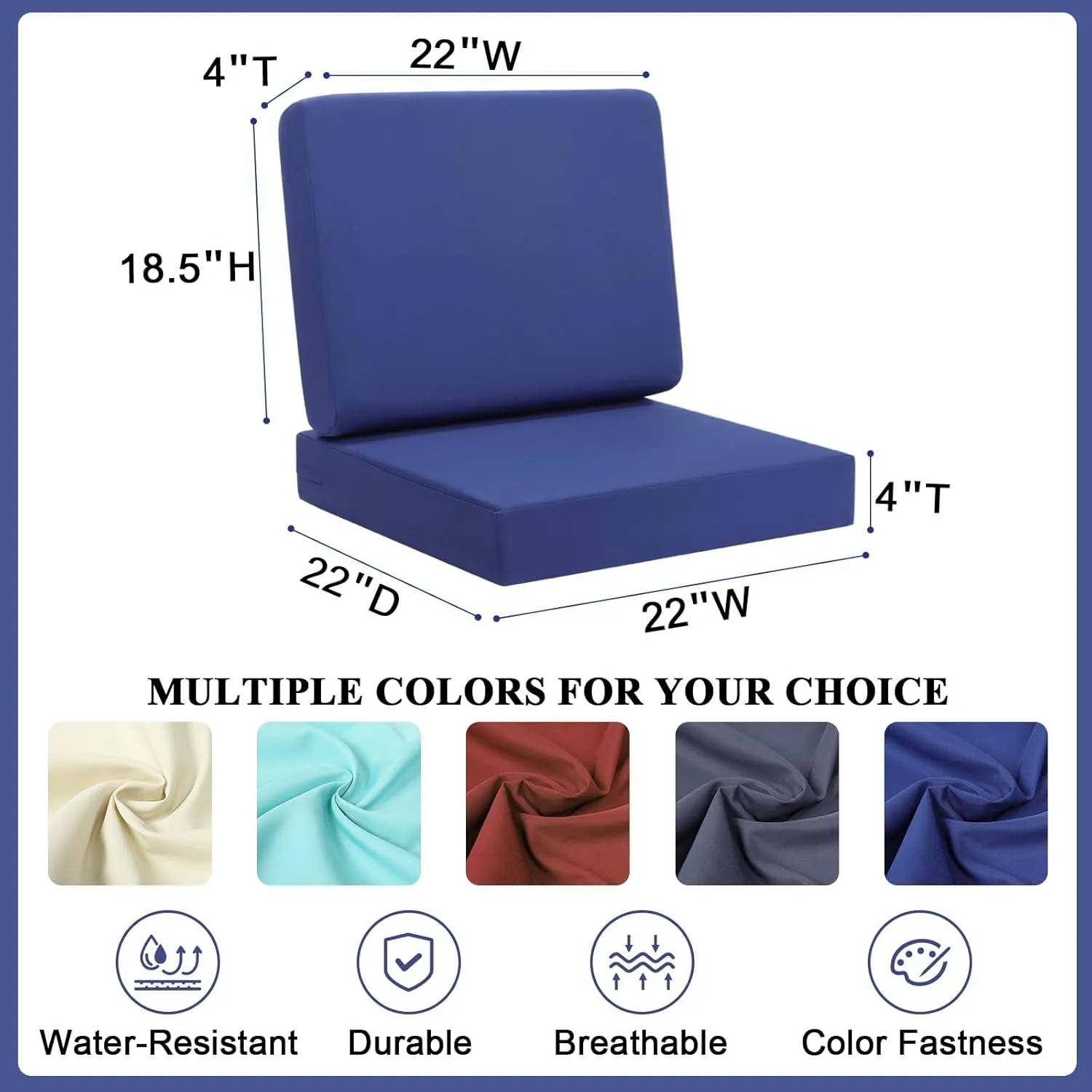 Topotdor Outdoor Deep Seat Cushion Set,Waterproof Outdoor Chair Cushions and Back Cushion for Patio Furniture with Fade Resistant Removable Cover with Adjustable Straps,22"x22"x4" Blue