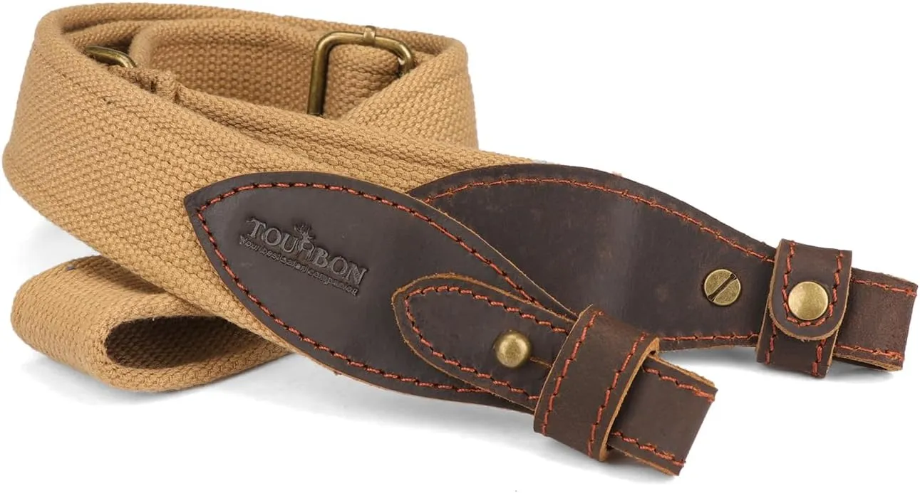 TOURBON Canvas Leather Rifle Slings Hunting Easy-Adjust 1.5-inch Wide Gun Strap for Shotgun Without Swivels