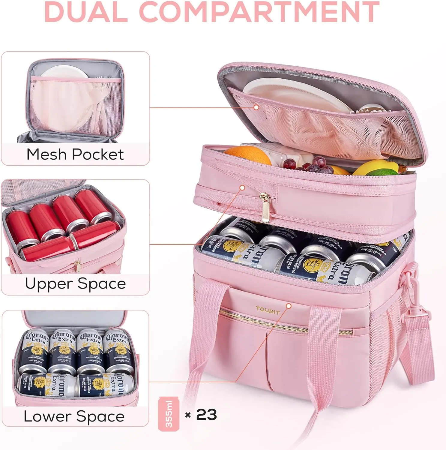 TOURIT Insulated Lunch Box Bag, Double Deck Leakproof Cooler Tote for Work Office Picnic, Expandable Lunch Container, Pink