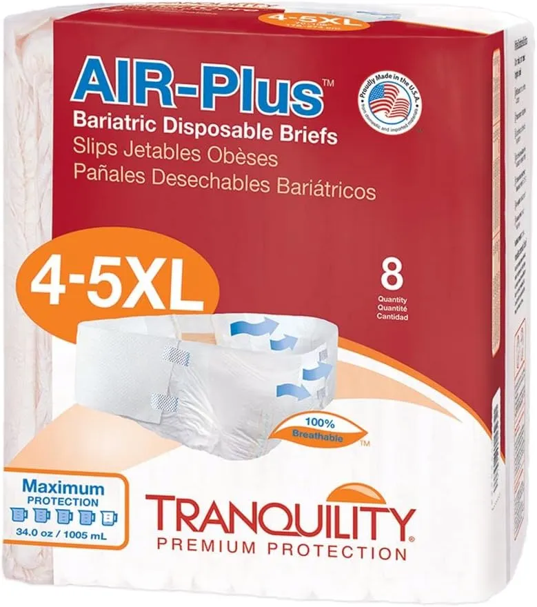 Tranquility Bariatric Disposable Briefs 4X-Large with AIR-Plus Fully Breathable Fabric for Skin Dryness & Integrity, Latex-Free, 34oz Capacity, 8ct Bag