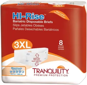 Tranquility Bariatric HI-Rise Disposable Briefs, 3X-Large, High Waistline with Peach Mat Core & Secure Kufguard Technology for Skin Integrity, Latex-Free, 34oz Capacity, 8ct Bag