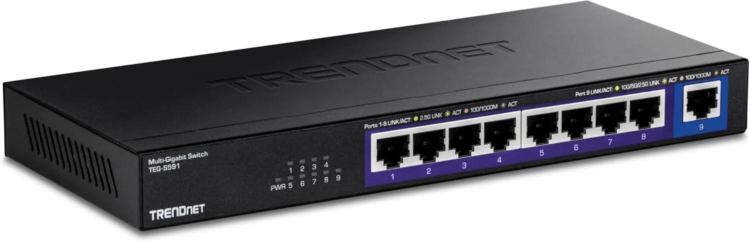 TRENDnet 9-Port Multi-Gig Switch, TEG-S591, 8 x 2.5G RJ-45 Ports, 1 x 10G RJ-45 Port, 60Gbps Switching Capacity, Black (Renewed)