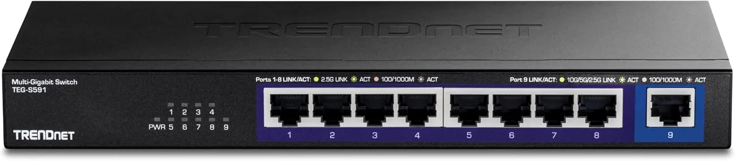 TRENDnet 9-Port Multi-Gig Switch, TEG-S591, 8 x 2.5G RJ-45 Ports, 1 x 10G RJ-45 Port, 60Gbps Switching Capacity, Black (Renewed)