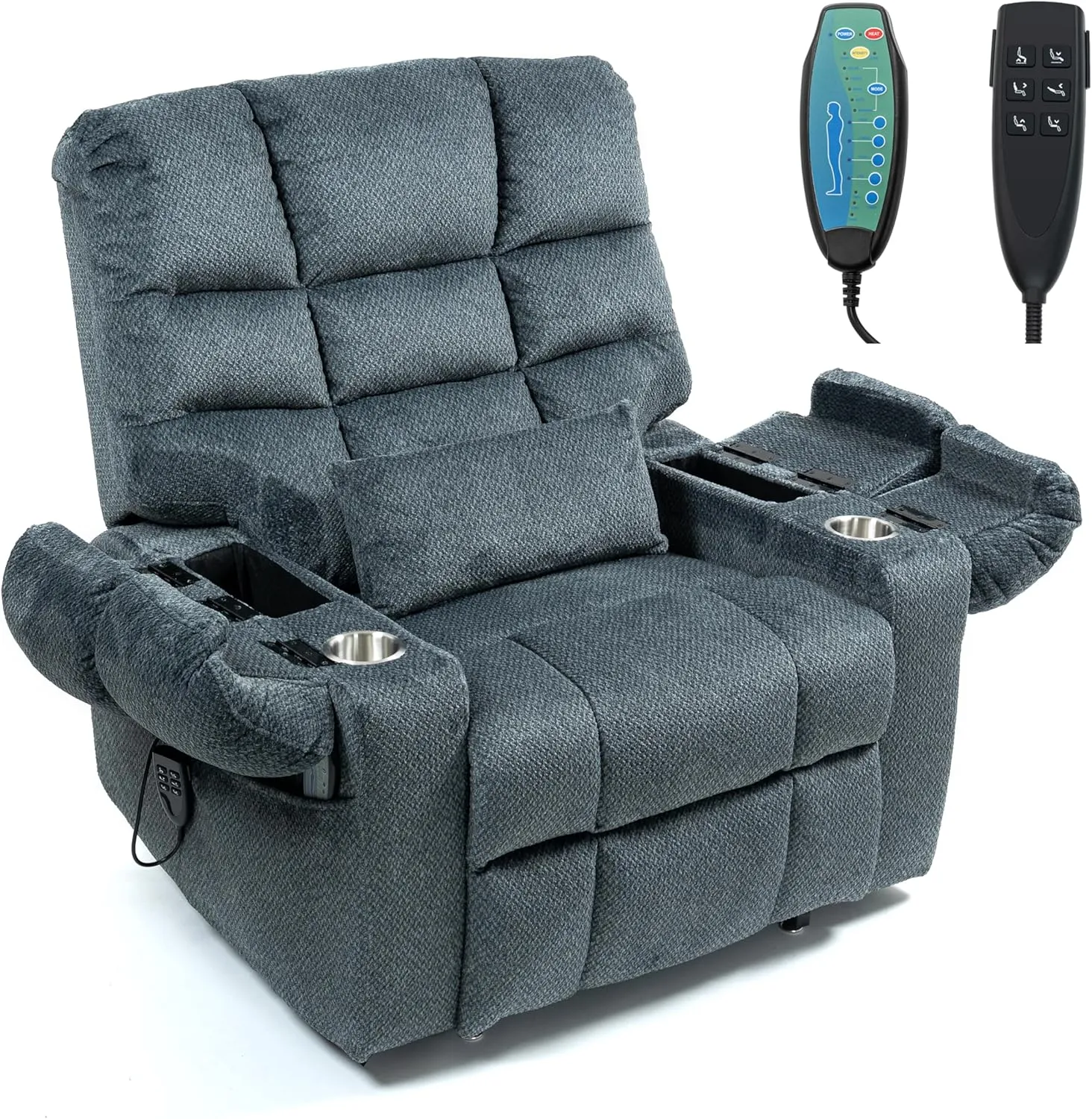 Triple Motor Zero Gravity Power Lift Recliner Chair for Elderly Adults, Electric Lay Flat Recliner with Heat and Massage, Adjustable Seat Height, 2 Arm Storage, 2 Cup Holders, Lumbar Pillow