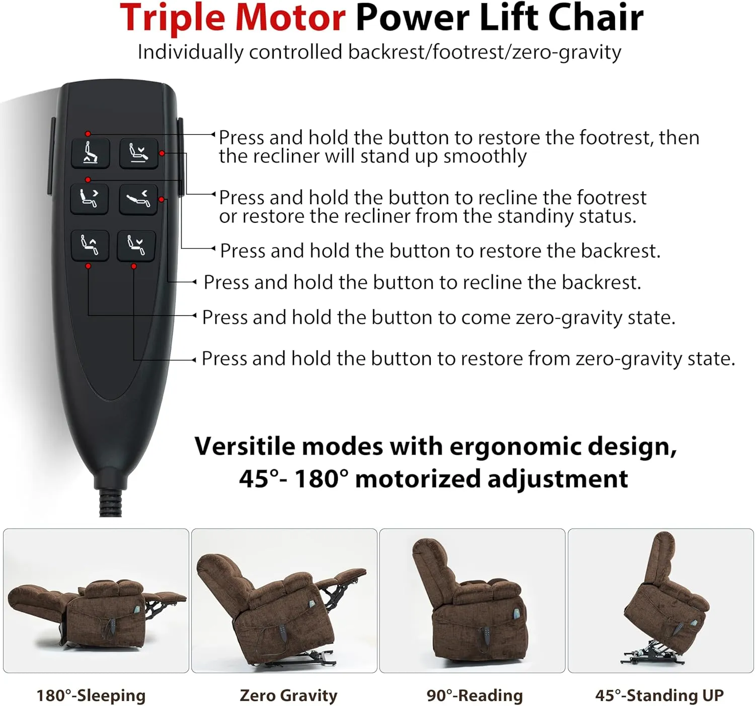 Triple Motor Zero Gravity Power Lift Recliner Chair for Elderly Adults, Electric Lay Flat Recliner with Heat and Massage, Adjustable Seat Height, 2 Arm Storage, 2 Cup Holders, Lumbar Pillow