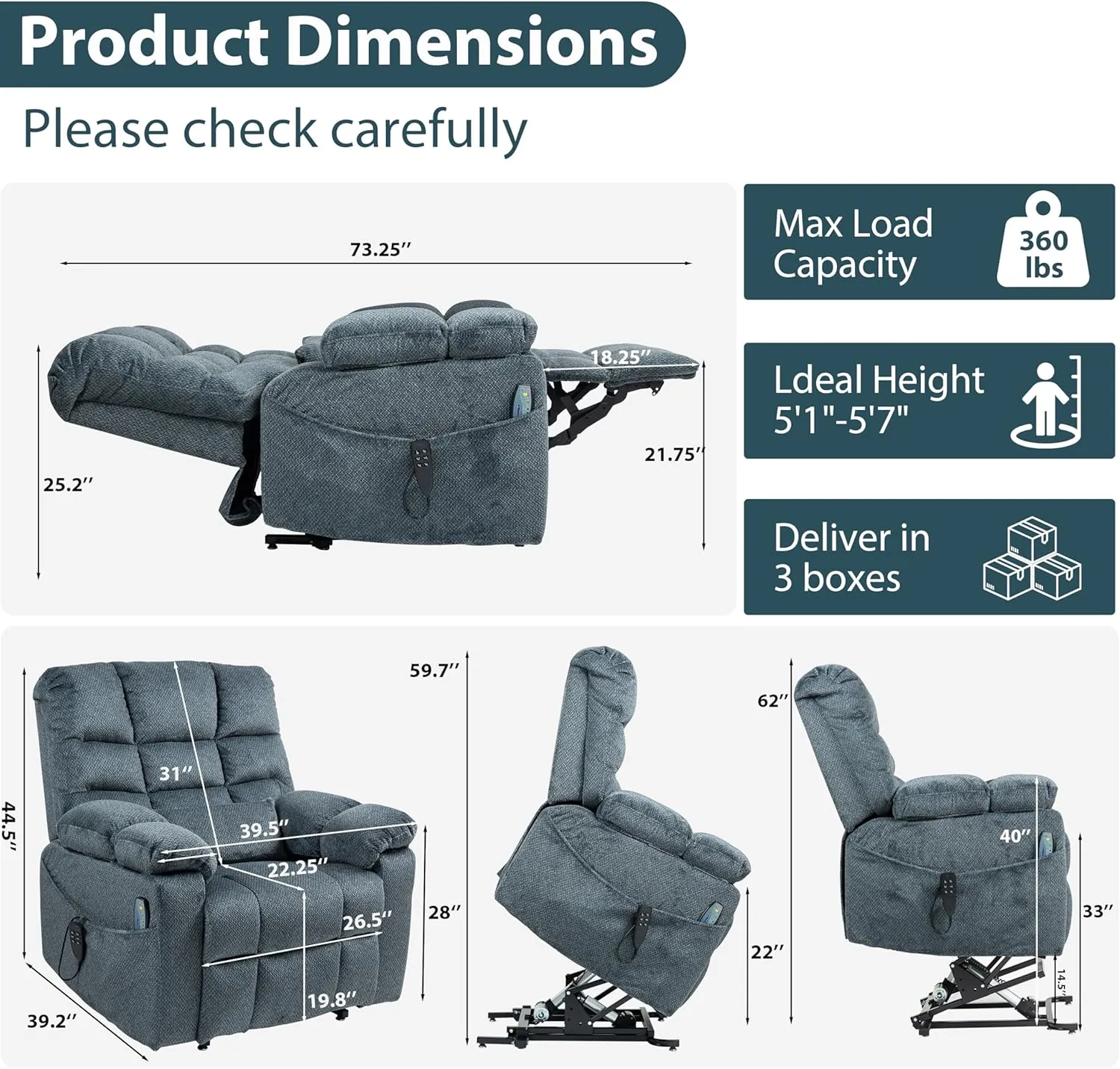 Triple Motor Zero Gravity Power Lift Recliner Chair for Elderly Adults, Electric Lay Flat Recliner with Heat and Massage, Adjustable Seat Height, 2 Arm Storage, 2 Cup Holders, Lumbar Pillow