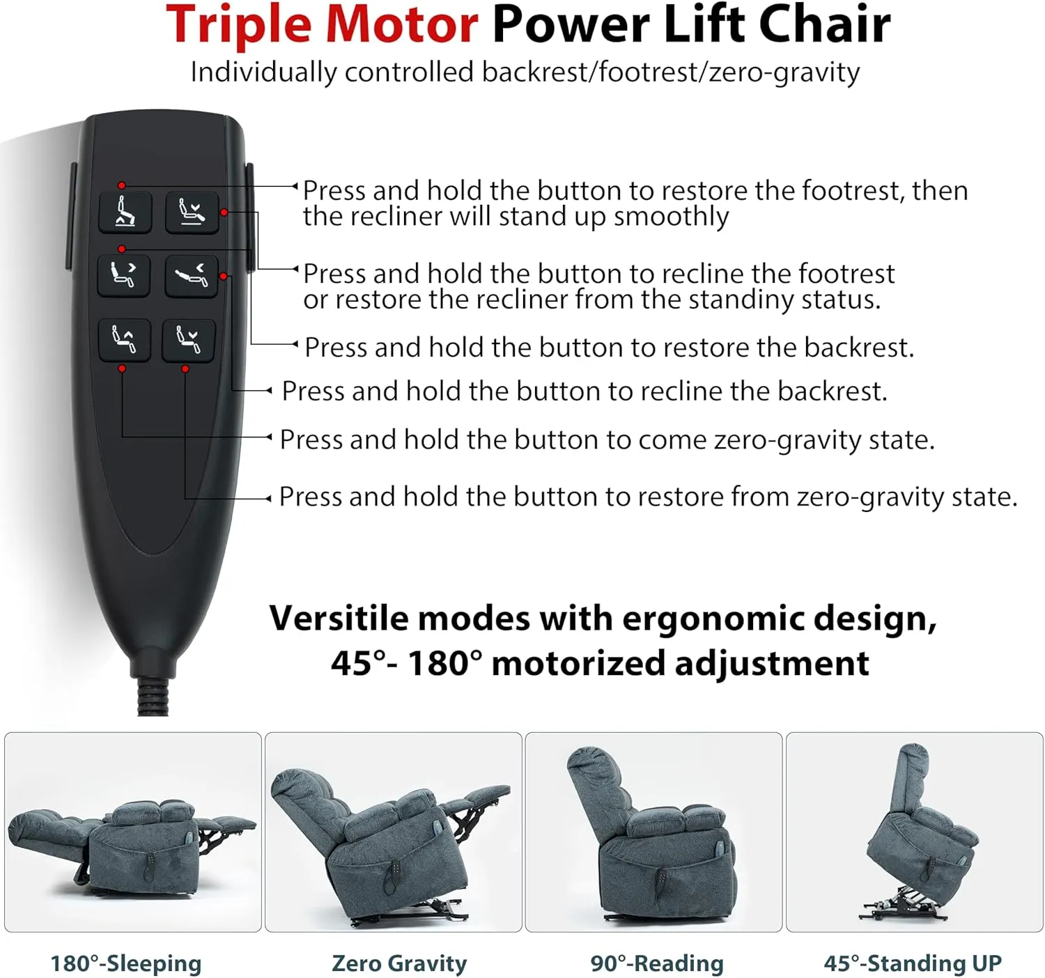 Triple Motor Zero Gravity Power Lift Recliner Chair for Elderly Adults, Electric Lay Flat Recliner with Heat and Massage, Adjustable Seat Height, 2 Arm Storage, 2 Cup Holders, Lumbar Pillow
