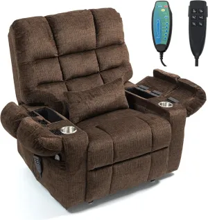 Triple Motor Zero Gravity Power Lift Recliner Chair for Elderly Adults, Electric Lay Flat Recliner with Heat and Massage, Adjustable Seat Height, 2 Arm Storage, 2 Cup Holders, Lumbar Pillow