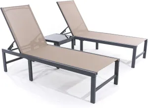 UDPATIO Outdoor Chaise Chairs & Table 3 Pieces Pool Lounge Chair, Adjustable Poolside Sunloungers Lay Flat Sunbathing Chaise with Backrest for Patio, Beach, Yard, Pool (Brown)