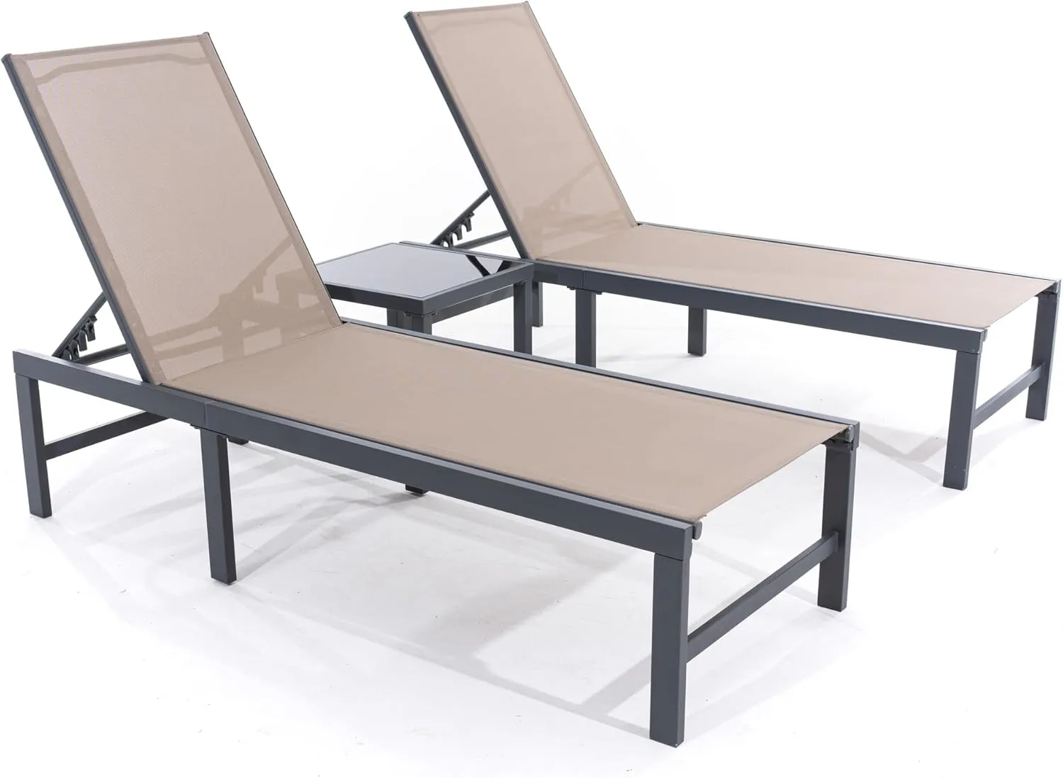 UDPATIO Outdoor Chaise Chairs & Table 3 Pieces Pool Lounge Chair, Adjustable Poolside Sunloungers Lay Flat Sunbathing Chaise with Backrest for Patio, Beach, Yard, Pool (Brown)