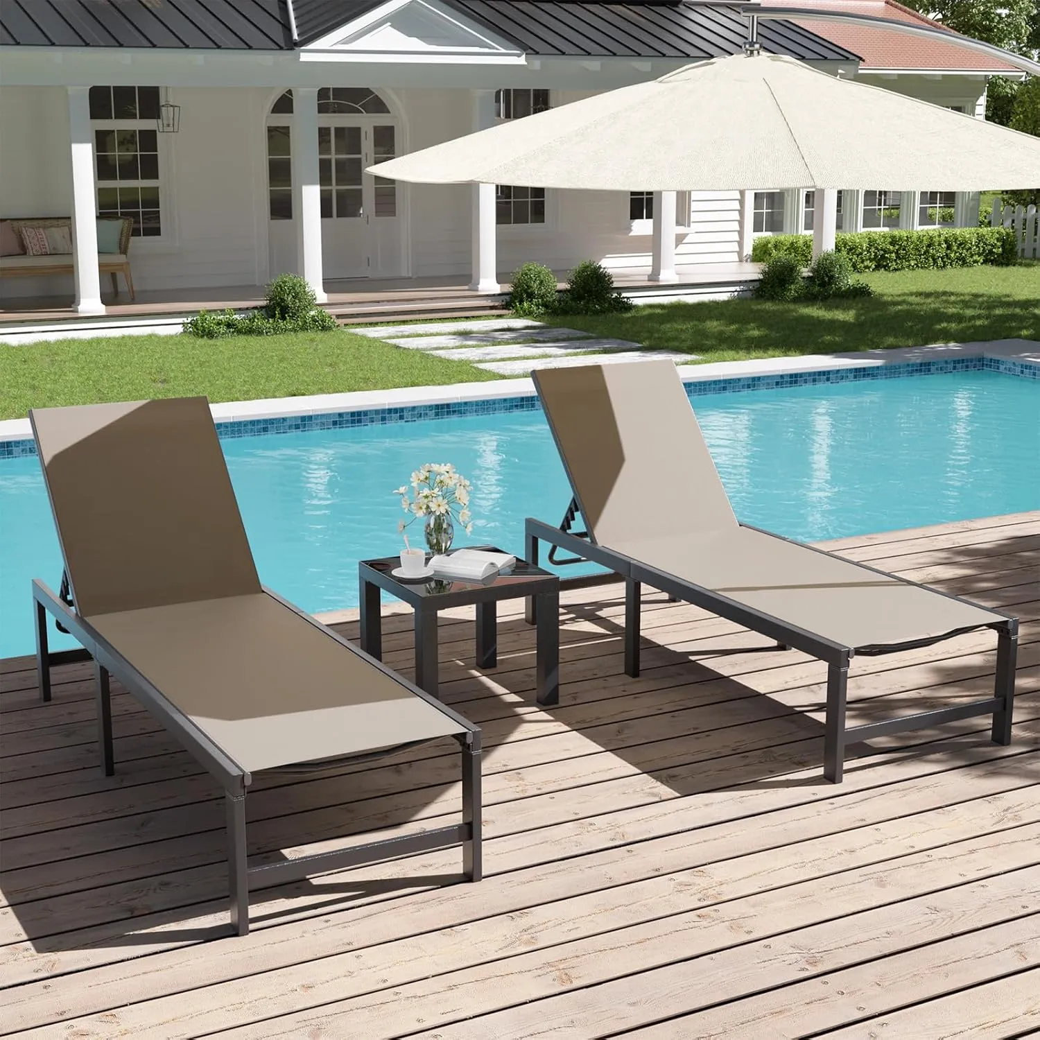 UDPATIO Outdoor Chaise Chairs & Table 3 Pieces Pool Lounge Chair, Adjustable Poolside Sunloungers Lay Flat Sunbathing Chaise with Backrest for Patio, Beach, Yard, Pool (Brown)