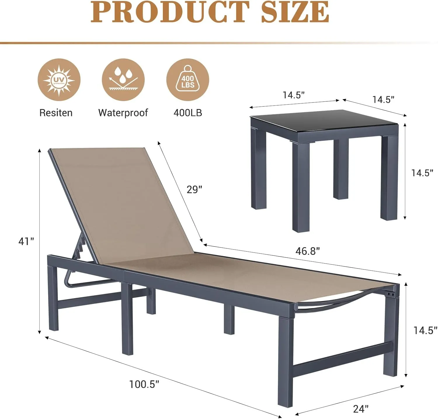 UDPATIO Outdoor Chaise Chairs & Table 3 Pieces Pool Lounge Chair, Adjustable Poolside Sunloungers Lay Flat Sunbathing Chaise with Backrest for Patio, Beach, Yard, Pool (Brown)