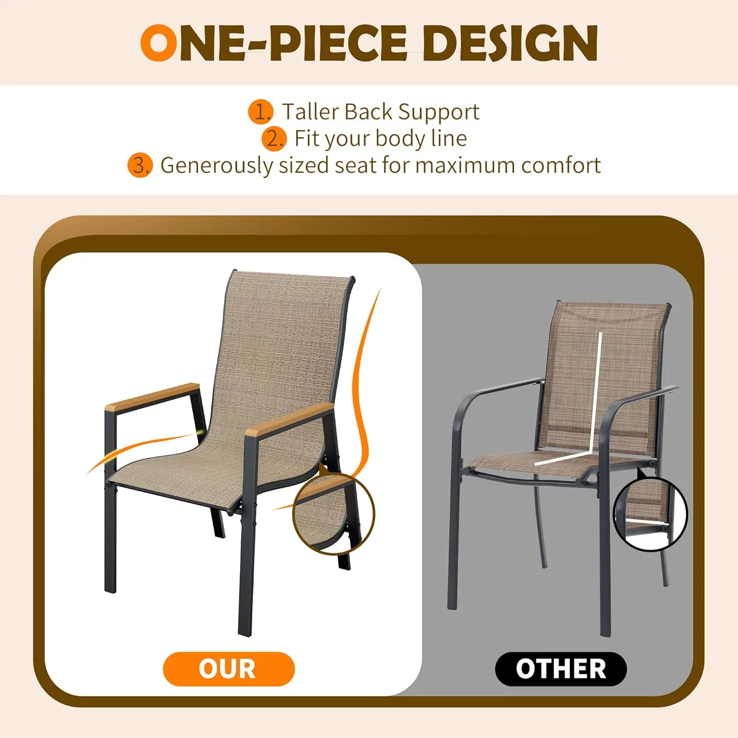 UDPATIO Patio Chairs Set of 4, Outdoor Stackable Dining Chairs with All Weather Breathable Textilene, High Back Metal Frame for Lawn Garden Backyard Deck, Brown