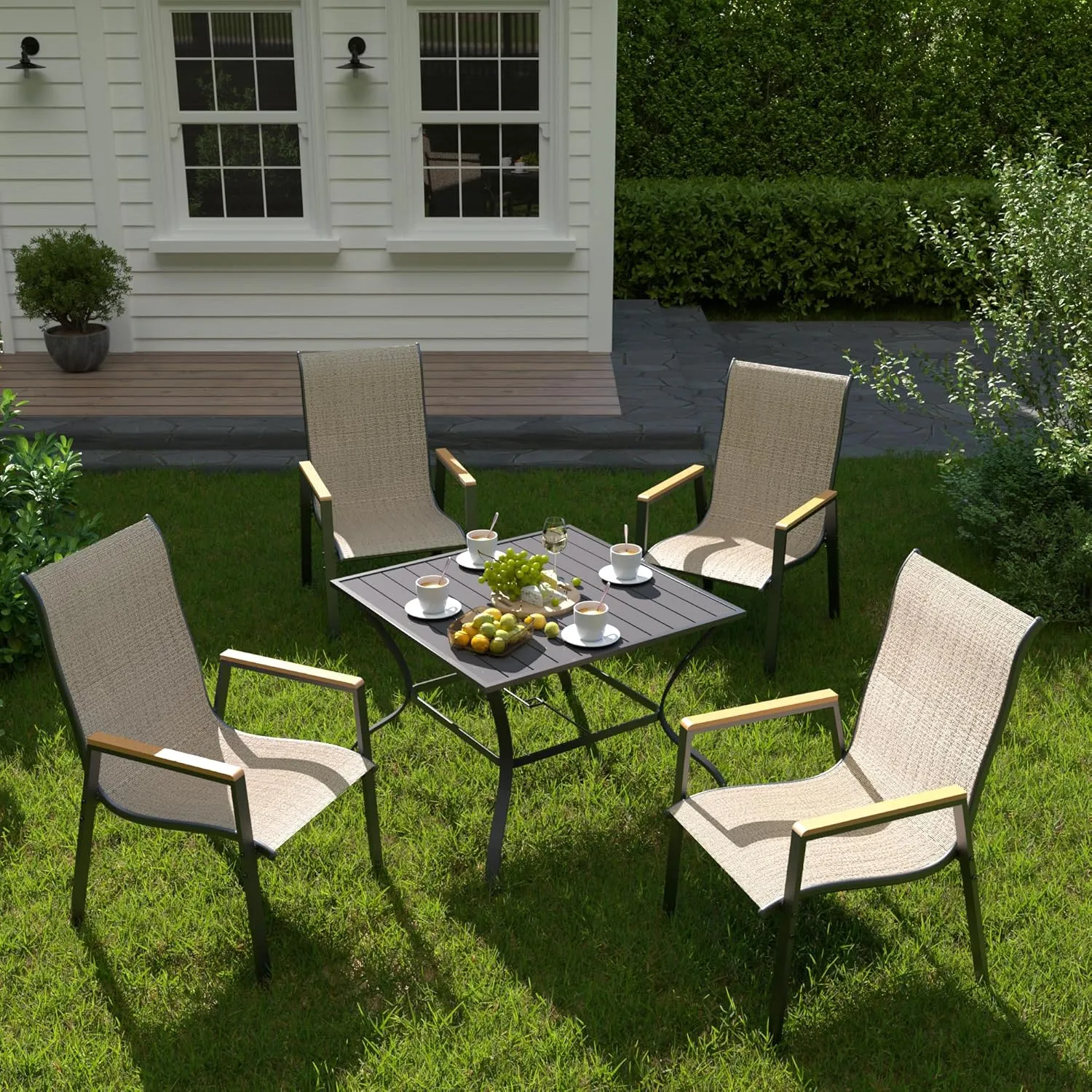 UDPATIO Patio Chairs Set of 4, Outdoor Stackable Dining Chairs with All Weather Breathable Textilene, High Back Metal Frame for Lawn Garden Backyard Deck, Brown