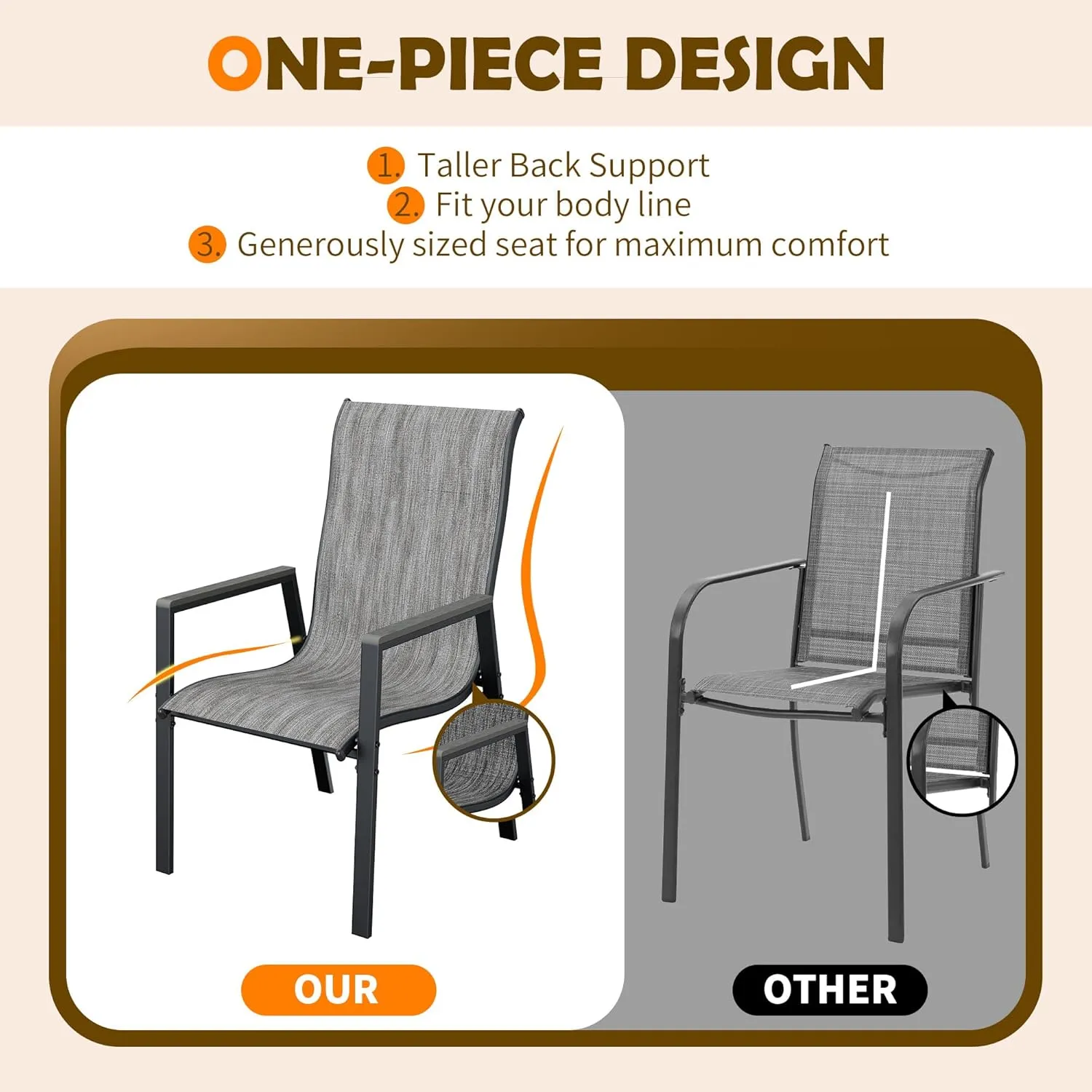UDPATIO Patio Chairs Set of 4, Stackable Outdoor Dining Chairs with All Weather Breathable Textilene, High Back Metal Frame for Lawn Garden Backyard Deck, Brown