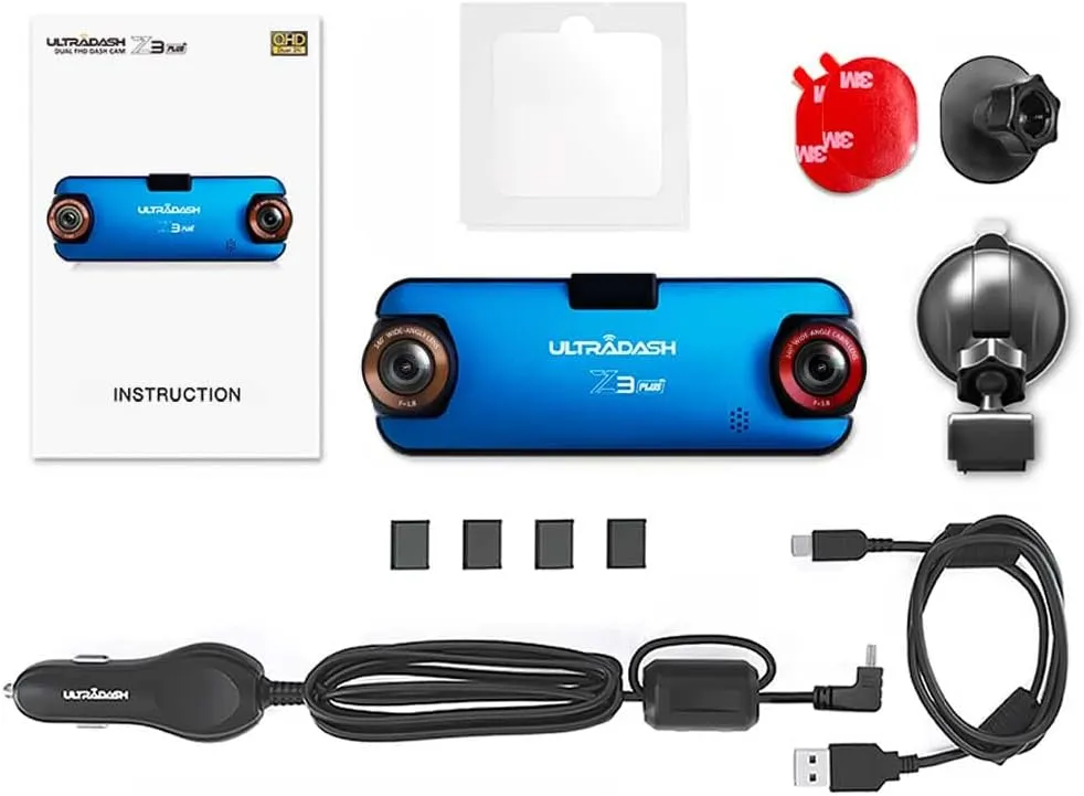 UltraDash Z3  Commercial Edition - Dual Lens Dash Cam for Rideshare Taxi Truck Ambulance Police Professional Drivers Wide Angle IR Lens Night Vision Infrared 2.7" LCD HDR Cabin Passenger