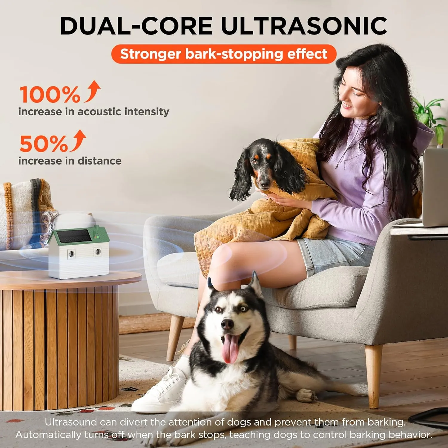 Ultrasonic Dog Bark Deterrent Devices,Anti Barking Device,Dog Barking Silencer Up to 50 FT,3 Modes,Solar and USB Dual Charging Function,Indoor Outdoor for Dogs Training & Behavior Aids