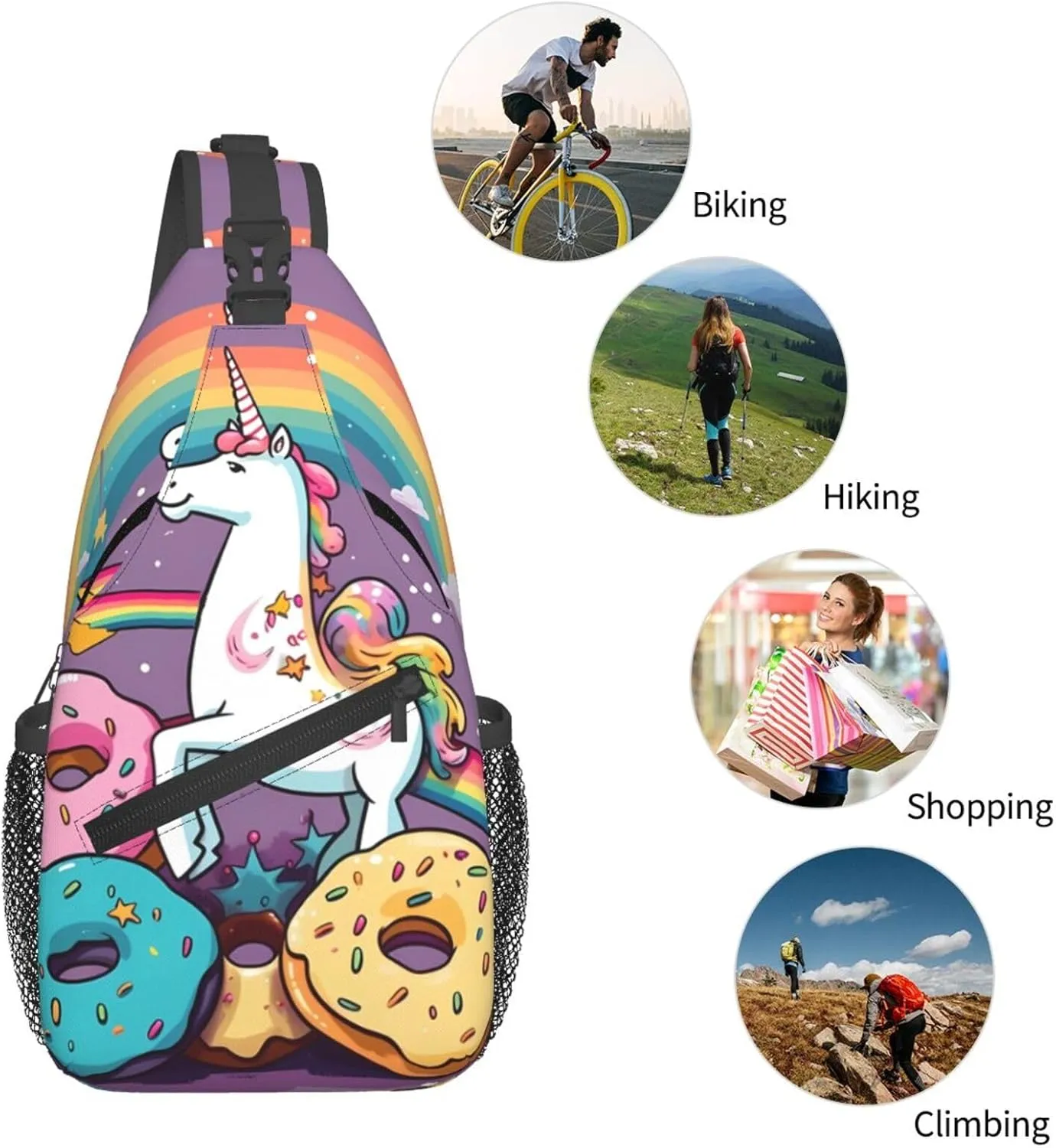 Unicorns Doughnut Rainbow Sling Bag Backpack For Men Cross Chest Bag Crossbody Shoulder Bag Travel Hiking Daypack