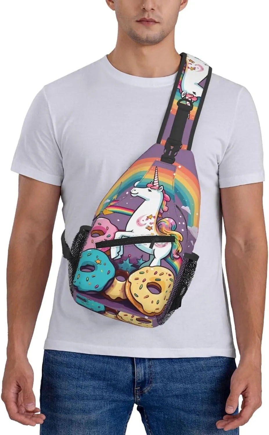 Unicorns Doughnut Rainbow Sling Bag Backpack For Men Cross Chest Bag Crossbody Shoulder Bag Travel Hiking Daypack