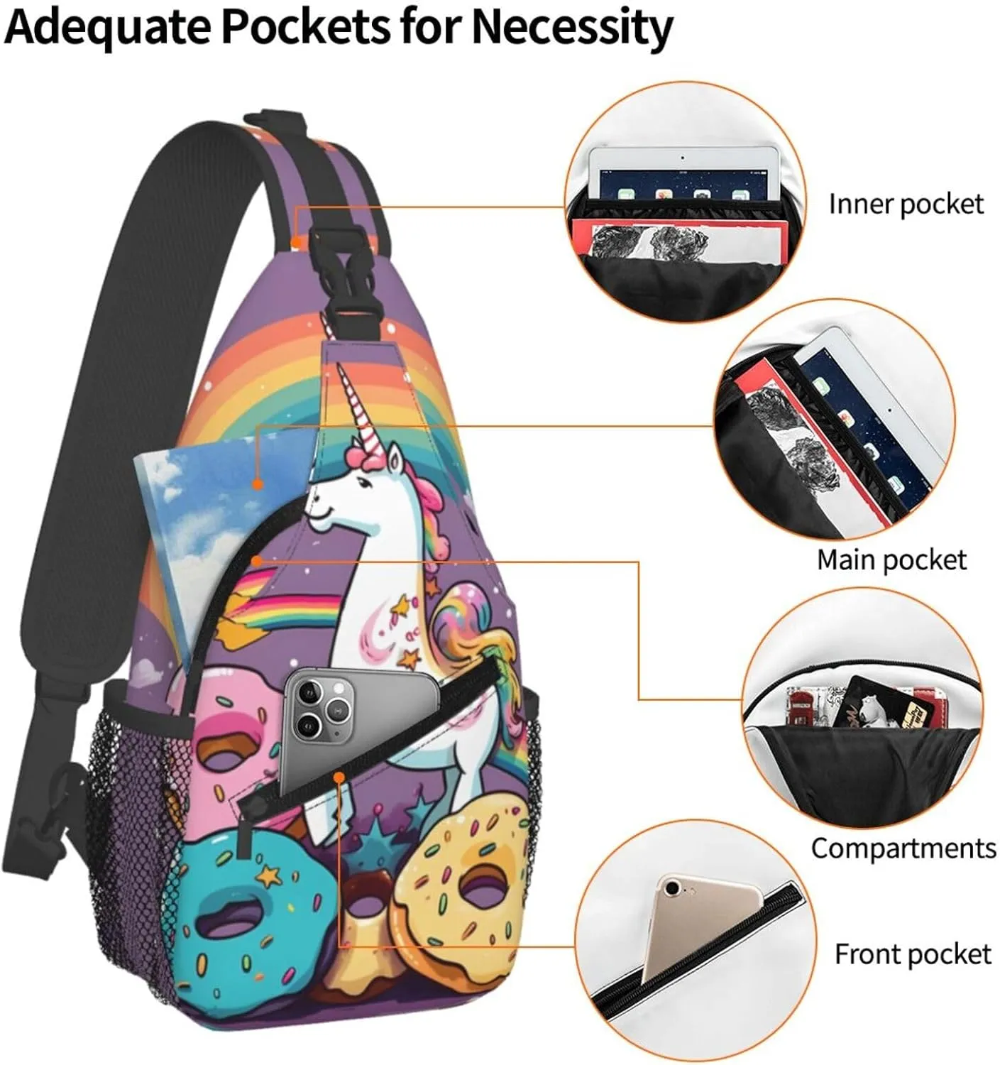 Unicorns Doughnut Rainbow Sling Bag Backpack For Men Cross Chest Bag Crossbody Shoulder Bag Travel Hiking Daypack