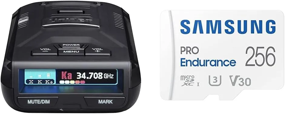 Uniden R3 Extreme Long Range Laser/Radar Detector, Record Shattering Performance & Samsung PRO Endurance 256GB MicroSDXC Memory Card with Adapter for Dash Cam, Body Cam