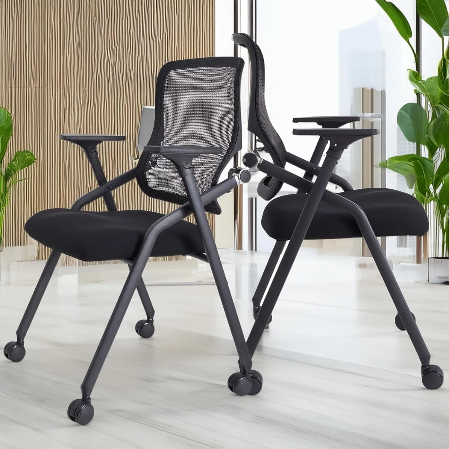 Updated Conference Room Chairs, Folding Office Desk Chair with Lumbar Support and Sliding Armrest with Casters, Stackable Office Guest Chairs & Reception Chairs, 20 Pack Black
