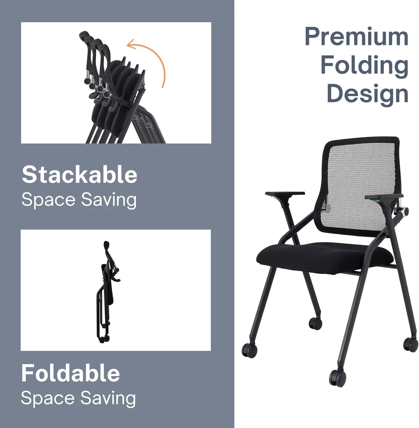 Updated Conference Room Chairs, Folding Office Desk Chair with Lumbar Support and Sliding Armrest with Casters, Stackable Office Guest Chairs & Reception Chairs, 20 Pack Black
