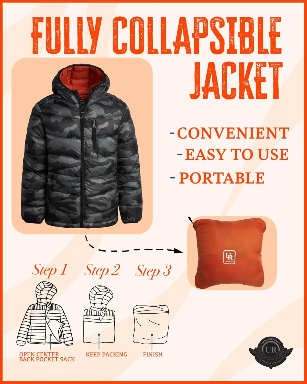 URBAN REPUBLIC Boys’ Foldable Hooded Jacket – Insulated Weather Resistant Bubble Puffer Windbreaker Coat for Boys Sizes 4-20