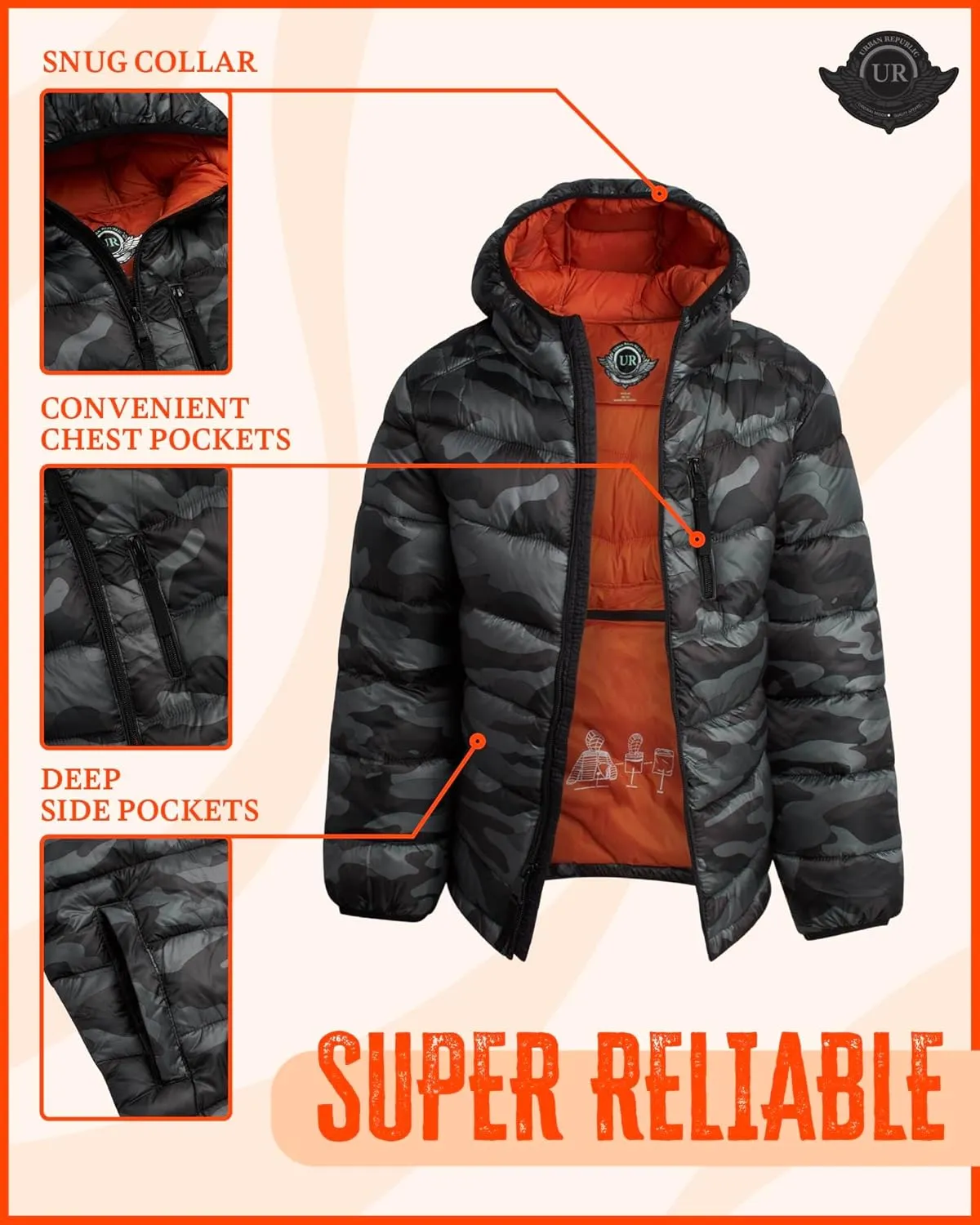 URBAN REPUBLIC Boys’ Foldable Hooded Jacket – Insulated Weather Resistant Bubble Puffer Windbreaker Coat for Boys Sizes 4-20