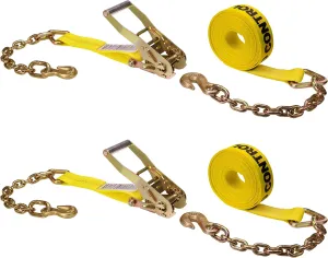US Cargo Control Chain Ratchet Straps 2 Inch x 27 Foot (2-Pack), 10,000 LBS Break Strength, Heavy Duty Ratchet Straps with Chains Ends & Grab Hooks, Heavy Equipment Tie-Downs, Tractor Tie Downs
